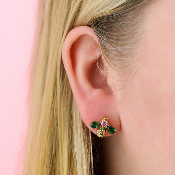 Beatrice Jewelled Bee Stud Earrings In Blush Pink, Emerald Green & Gold