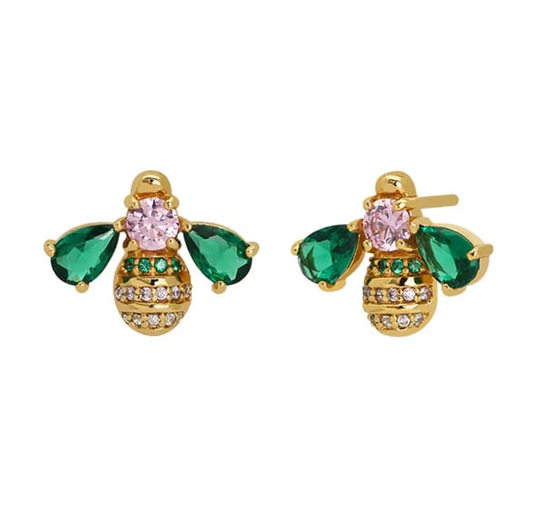 Beatrice Jewelled Bee Stud Earrings In Blush Pink, Emerald Green & Gold