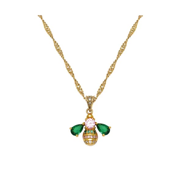 Beatrice Jewelled Bee Necklace In Blush Pink, Emerald Green & Gold