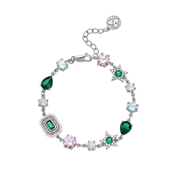 Celeste Cluster Bracelet In Blush Pink Enamel, Ice Blue, Emerald Green & Silver