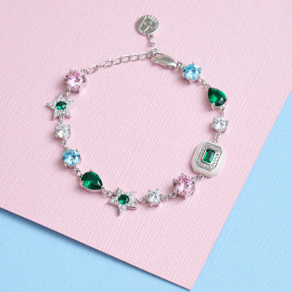 Celeste Cluster Bracelet In Blush Pink Enamel, Ice Blue, Emerald Green & Silver