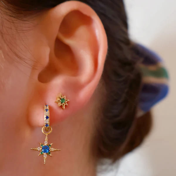 Nova North Star Huggie Hoops In Sapphire, Emerald CZ & Gold