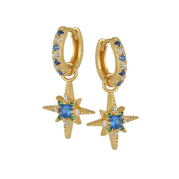 Nova North Star Huggie Hoops In Sapphire, Emerald CZ & Gold