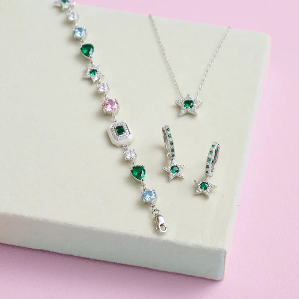 Celeste Mini Star Necklace With Emerald Green, Clear CZ & Silver