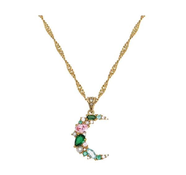 Celeste Cluster Moon Necklace In Emerald Green, Blush Pink, Aqua CZ & Gold
