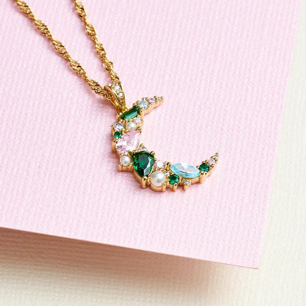 Celeste Cluster Moon Necklace In Emerald Green, Blush Pink, Aqua CZ & Gold