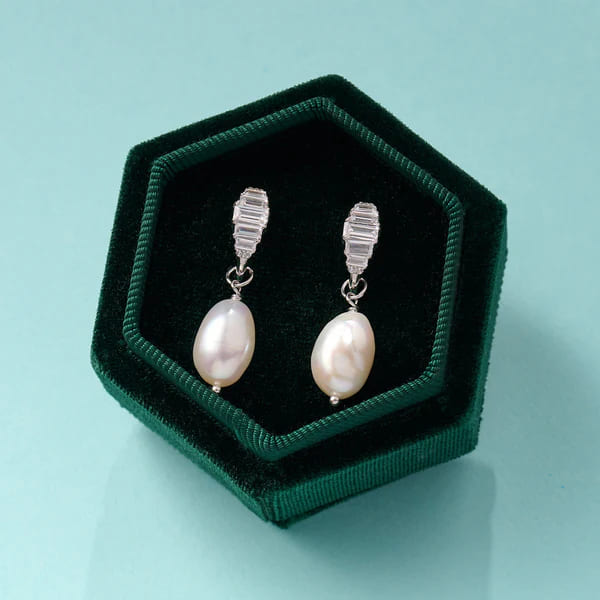 Graduated Baguette Hoops In Baroque Pearl & Silver