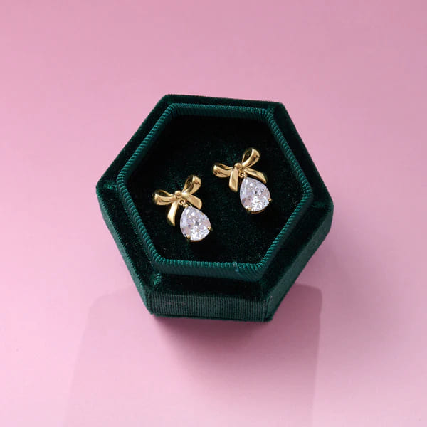 Bow Studs In Clear CZ Teardrop & Gold