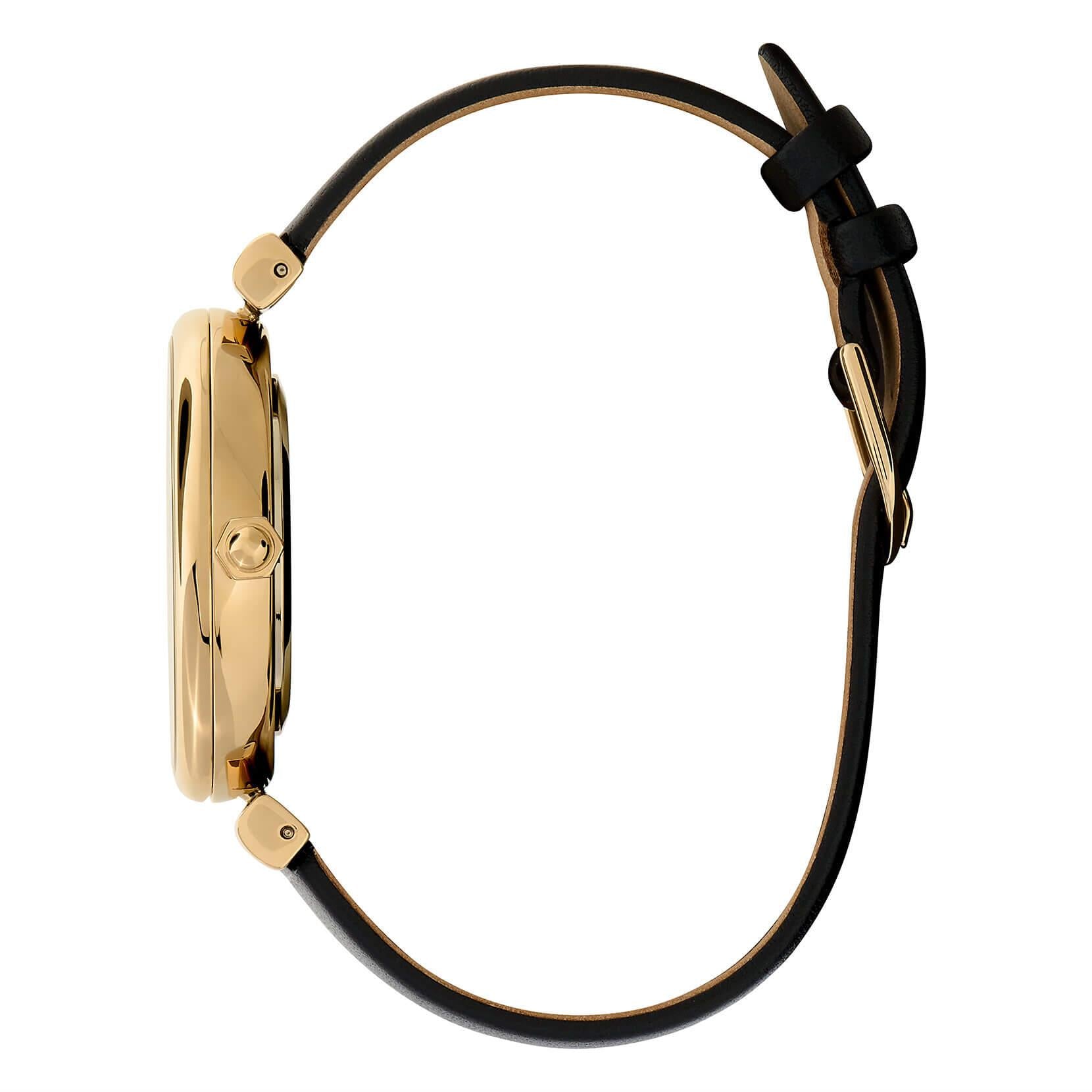 Minima Bee T-Bar Gold & Black Leather Strap Watch