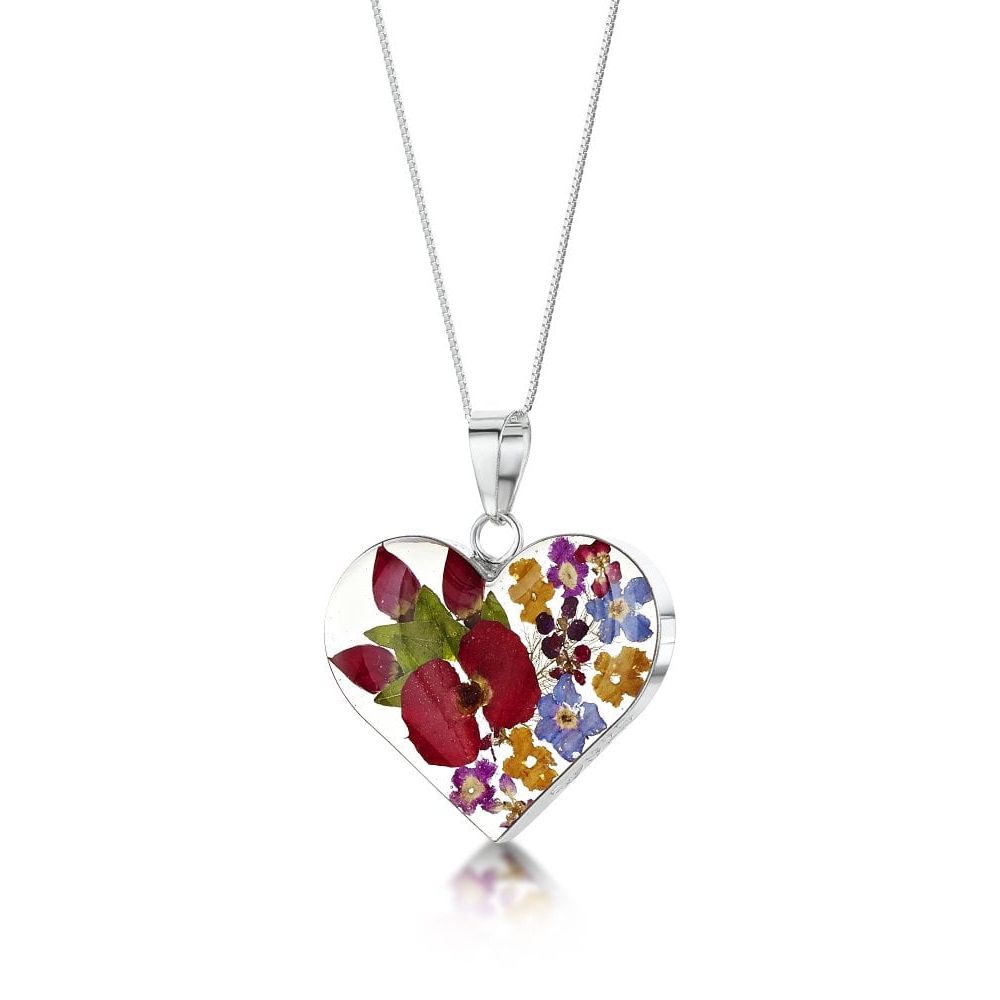 Silver Pendant - Mixed Flower/Rose - Med Heart