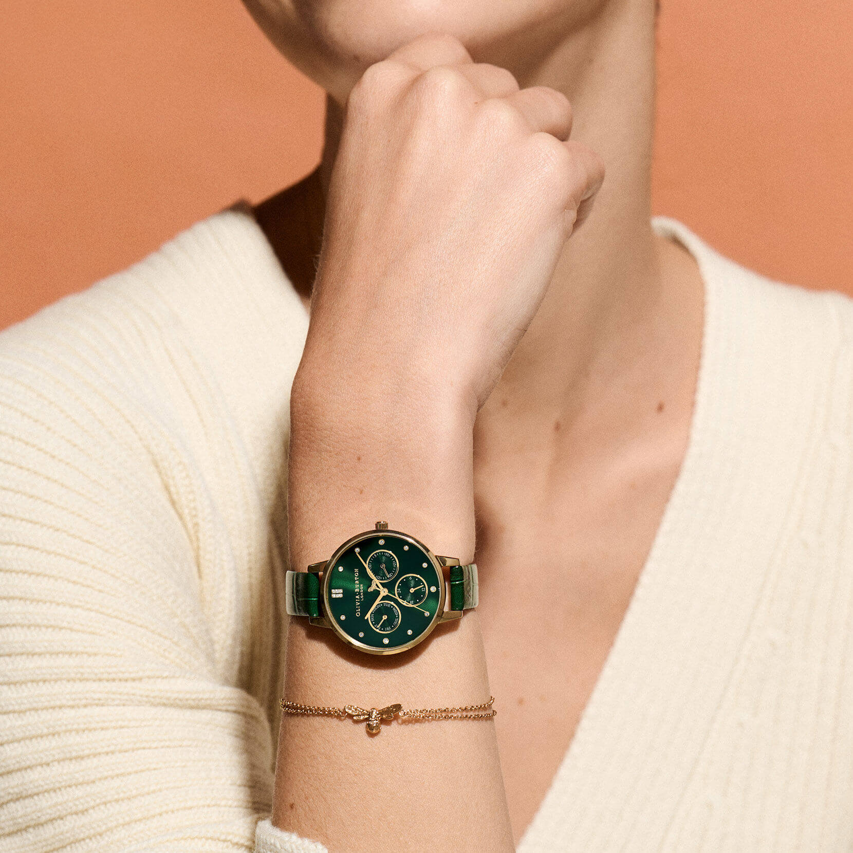 Regal Multifunction Gold & Forest Green Leather Strap Watch