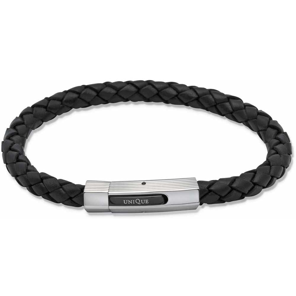 Black Leather Bracelet Steel Clasp Black