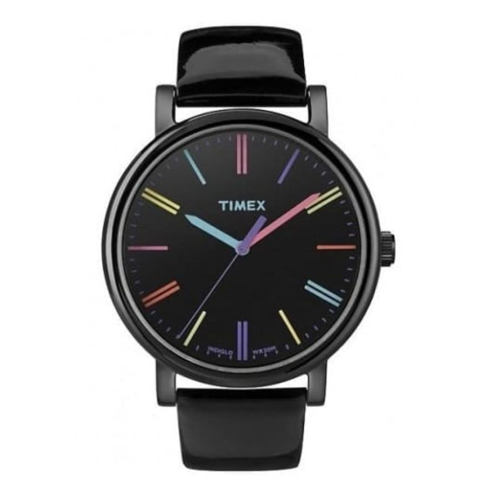 Unisex Black Leather Watch Multicoloured Batons