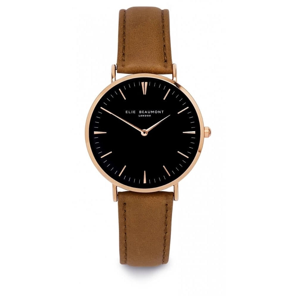 Tan Leather Rose Plated Watch with Black Dial