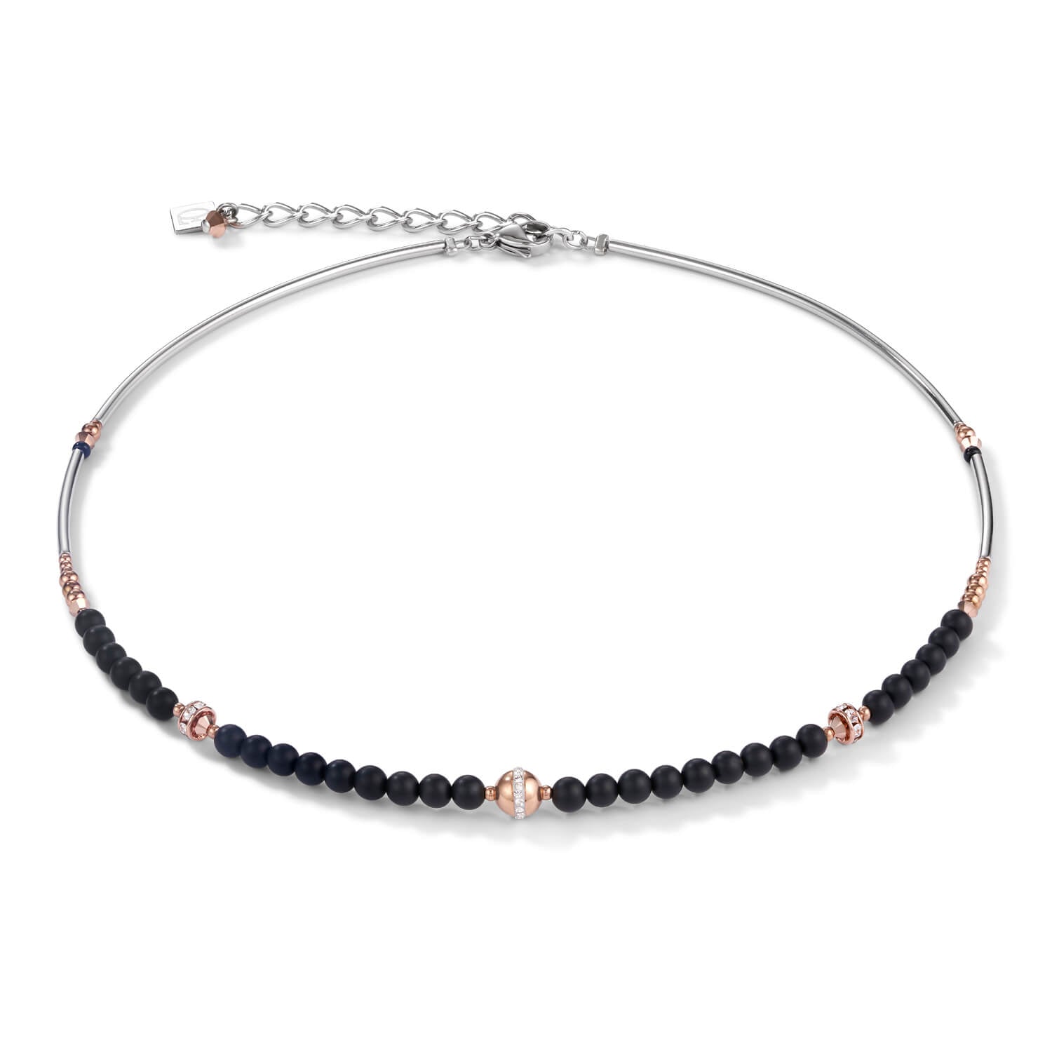 Stainless Steel Rose Gold & Onyx Black Ball Necklace