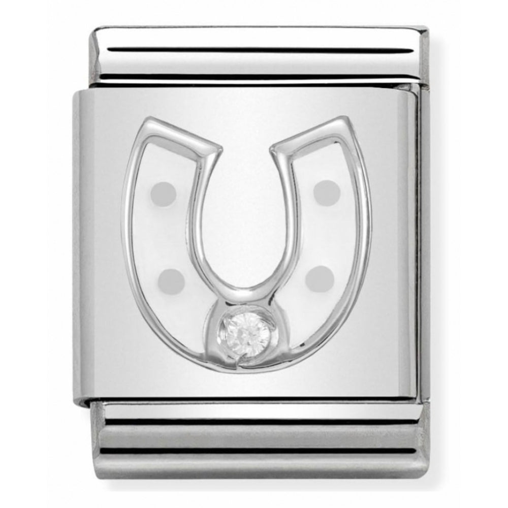Composable Big Stainless Steel, Sterling Silver, Enamel & Cubic Zirconia White Horseshoe Symbol Charm