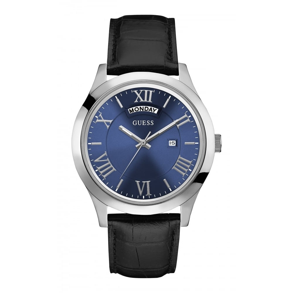 Silver Plated Stainless Steel Black Leather Gents Analog Watch