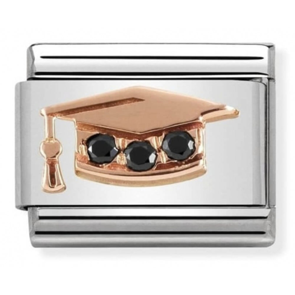Composable Classic Graduation Hat Symbol In Stainless Steel With 9K Rose Gold And CZ Charm