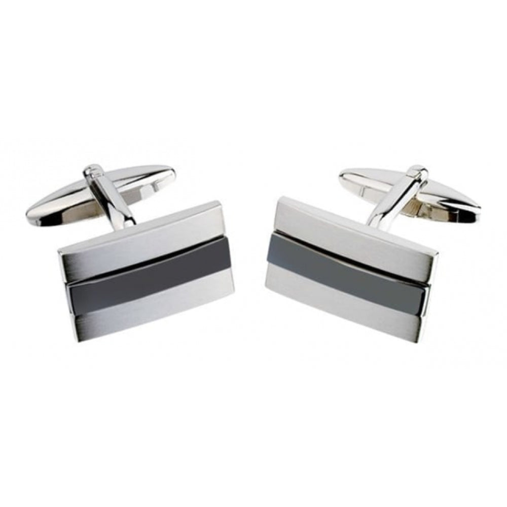 Rectangular Silver Tone With Gun Metal Enamel Feature Cufflink