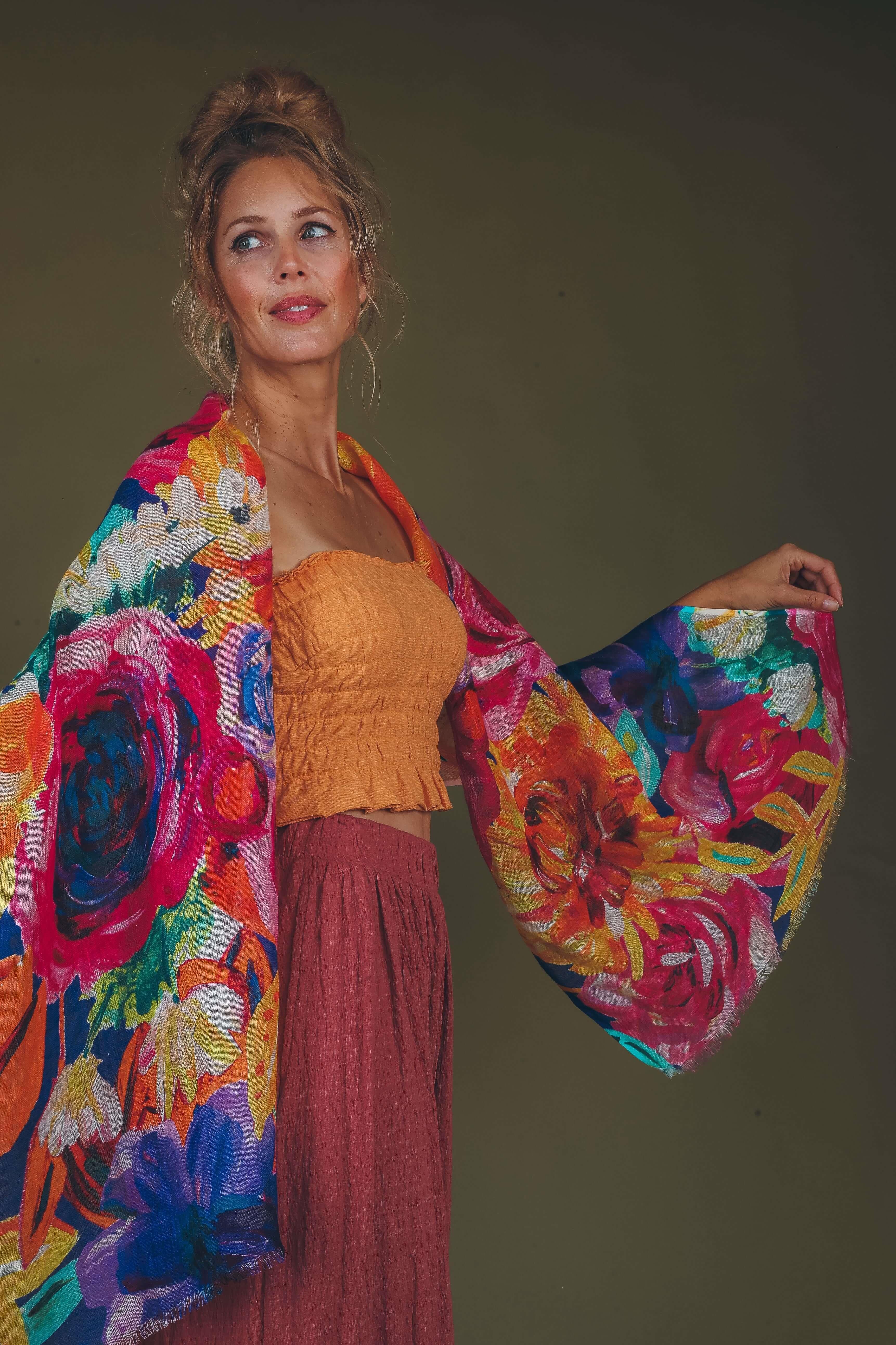 Floral Frenzy Linen Scarf in Sunset