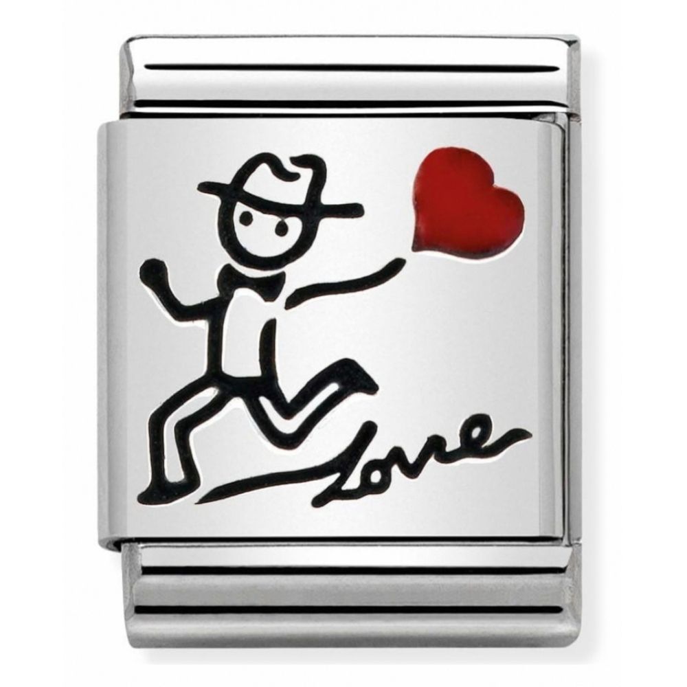 Composable Oxidised He With A Heart Balloon Stainless Steel, Enamel And Sterling Silver Big Charm