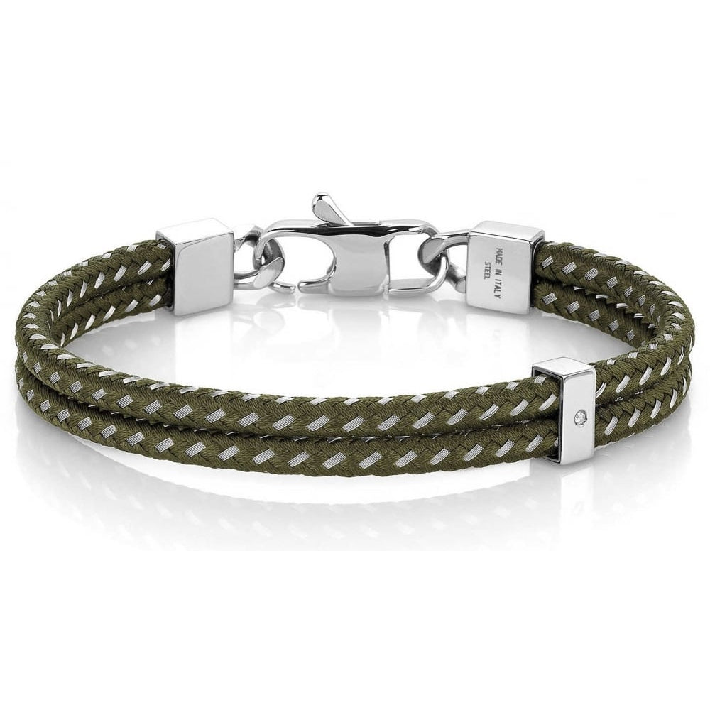 Tribe Stainless Steel, Fabric & CZ Green Double Bracelet