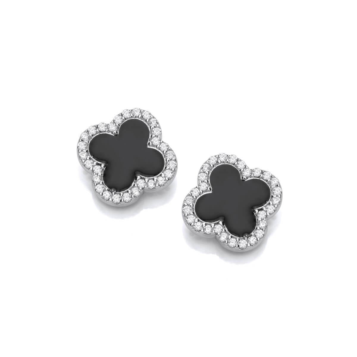 Silver & Black Enamel Modern Vintage Clover Earrings