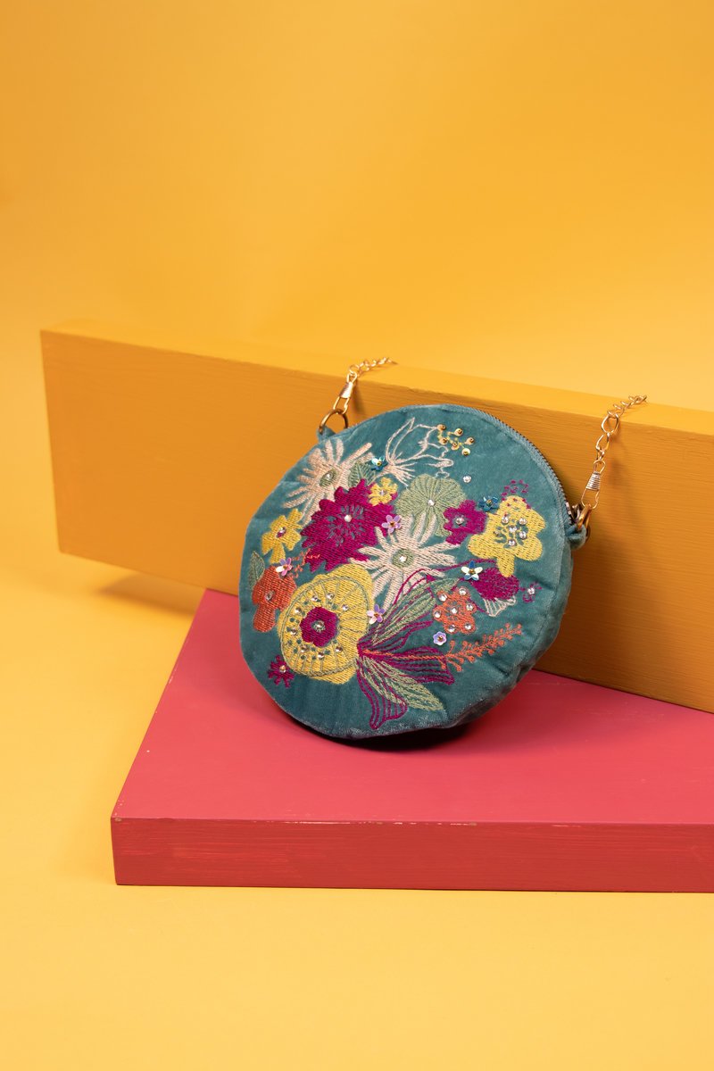 Velvet Embroidered Bag - Modern Floral