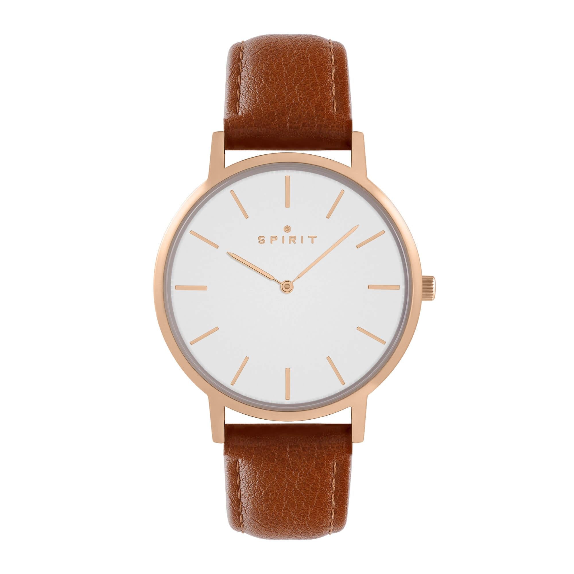 Gents Classic Polished Rose Gold Leather Watch in Tan
