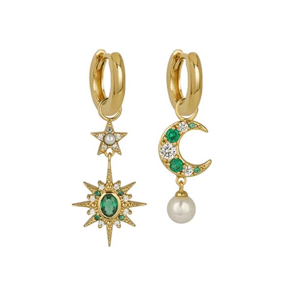 Luna Mismatch Moon & Star Huggies In Emerald CZ & Gold