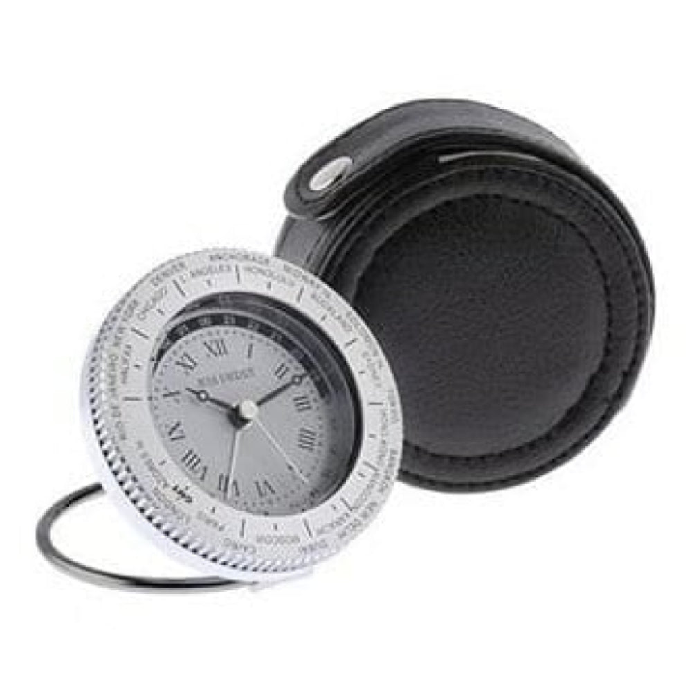 Aluminium World Time Travel Clock -Brown Leather