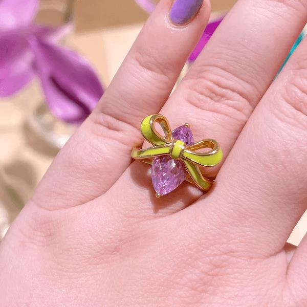 Amelia Bow Ring In Lime Enamel, Lilac CZ & Gold - M