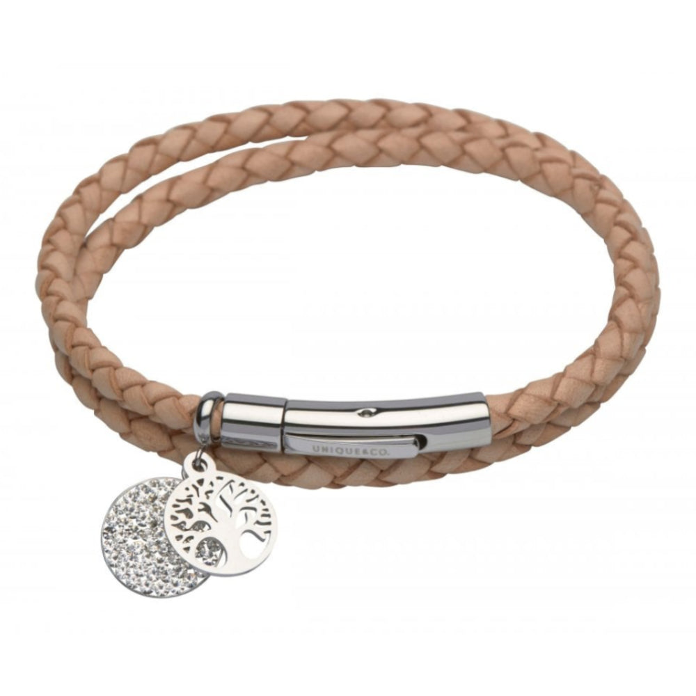 Natural Leather Bracelet-Steel Clasp-Tree-Crystal Disc