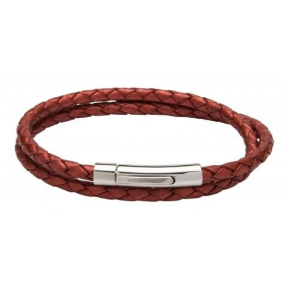 Moroccan Red Leather Bracelet With Stainless Steel Clasp