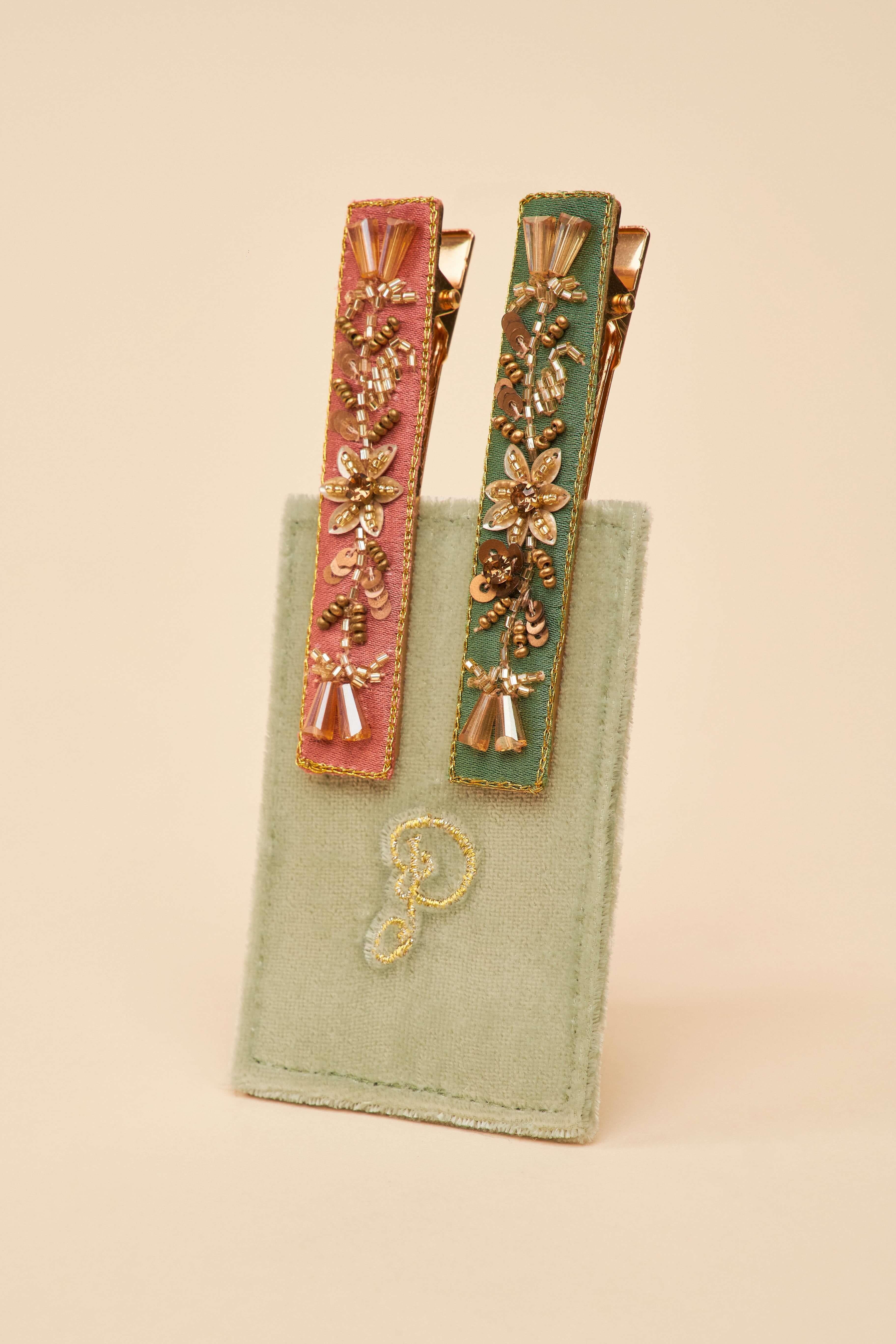 Narrow Jewelled Hair Bar - Coral & Green Garland