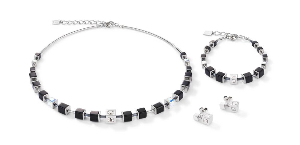 Stainless Steel & Crystal Black-Silver Geo Cube Necklace