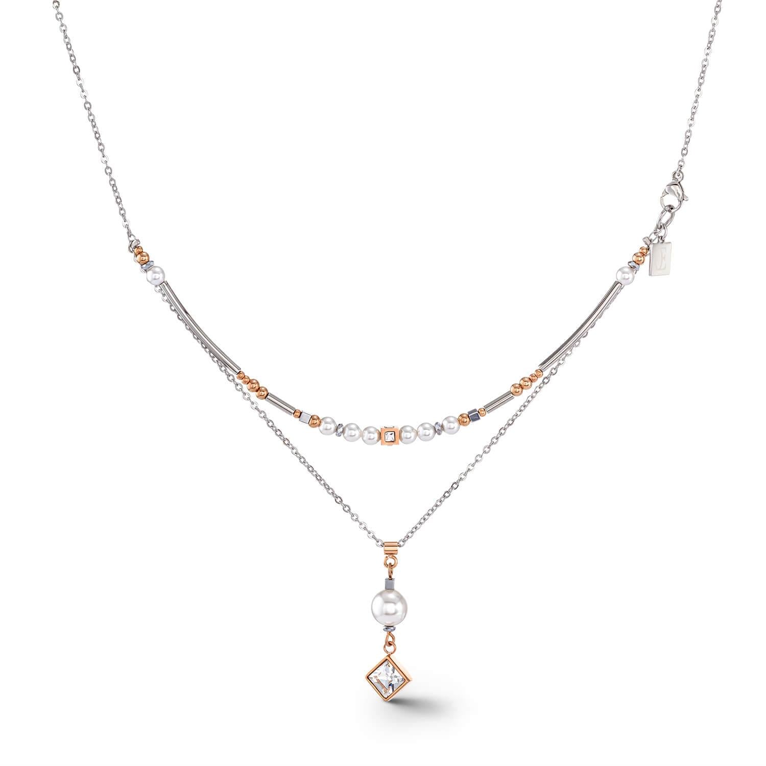 Silver Rose Gold Brilliant Square Layer Necklace