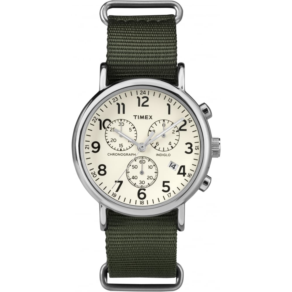 Weekender Silver Tone Case Cream Dial Chronograph With Green Slip Thru Strap Watch