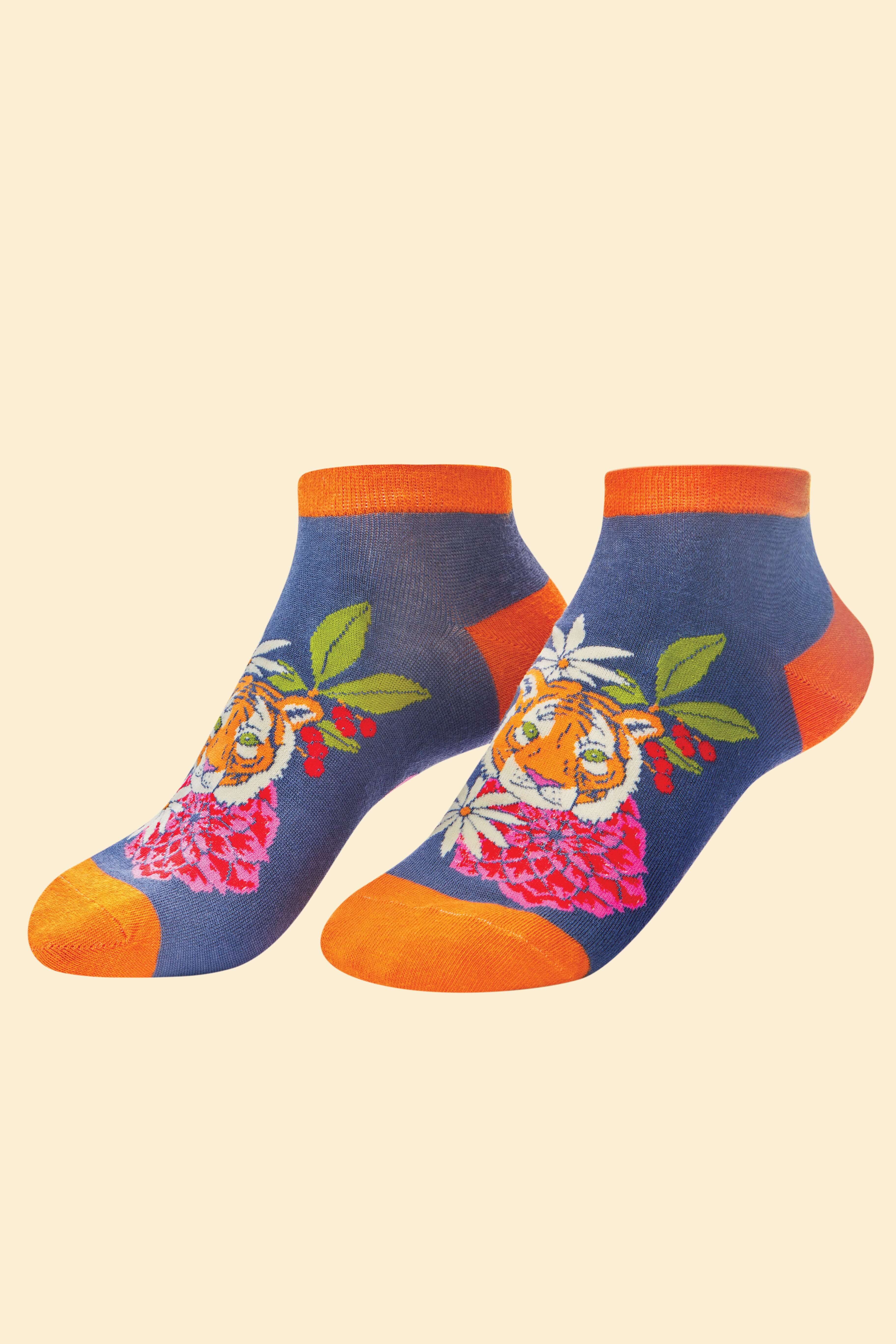 Floral Tiger Trainer Socks - Indigo