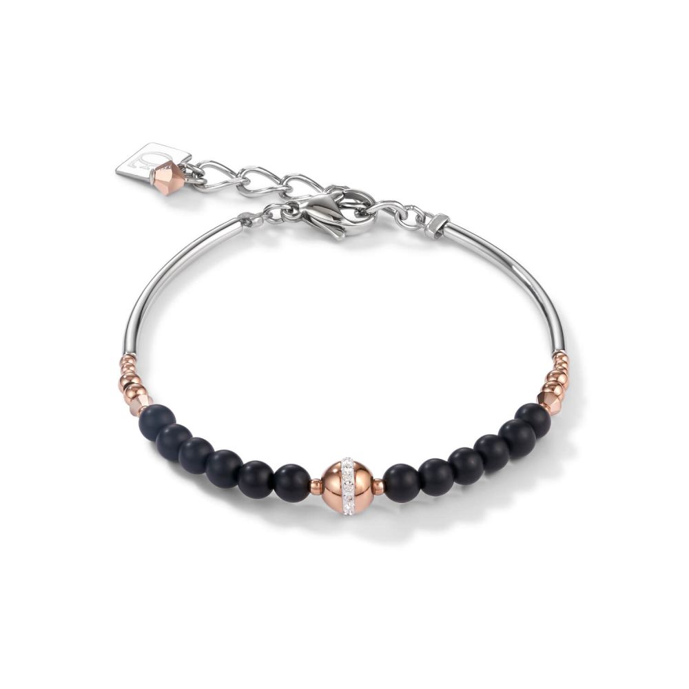 Stainless Steel Rose Gold & Onyx Black Ball Bracelet