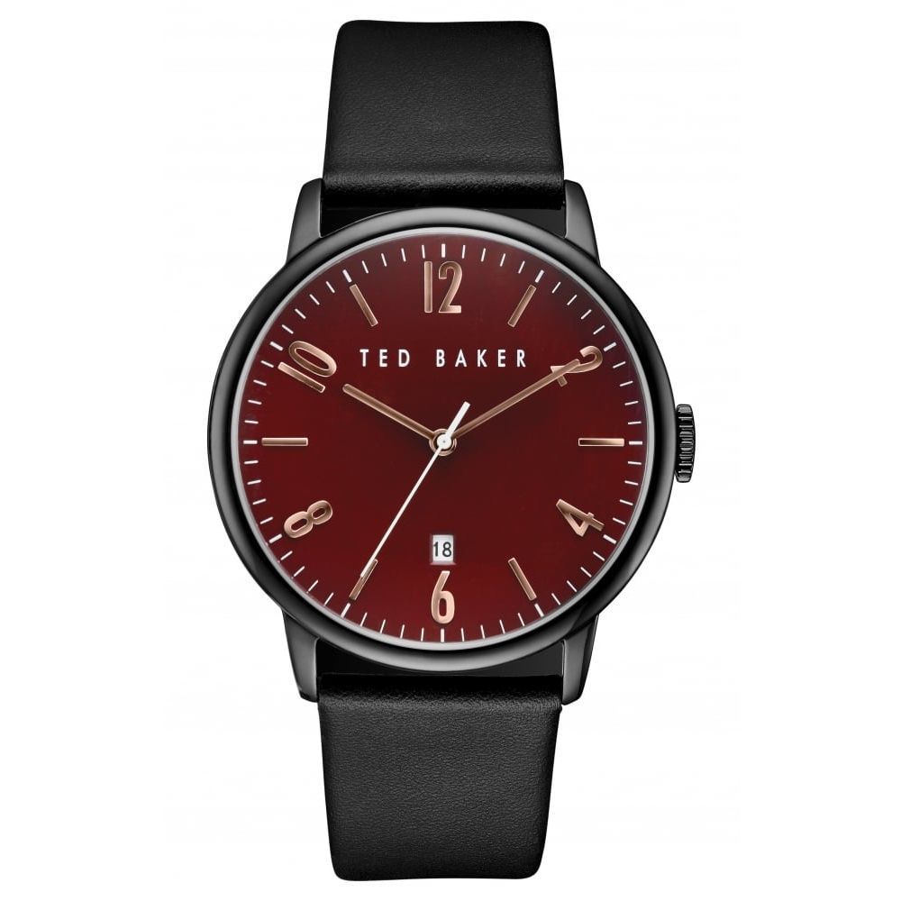 Black Leather Red Face Date Display Watch
