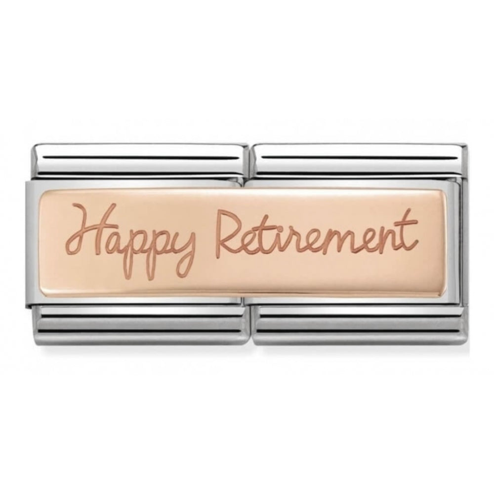 Composable Classic Double Engraved Happy Retirement In Rose Gold Stainless Steel Charm