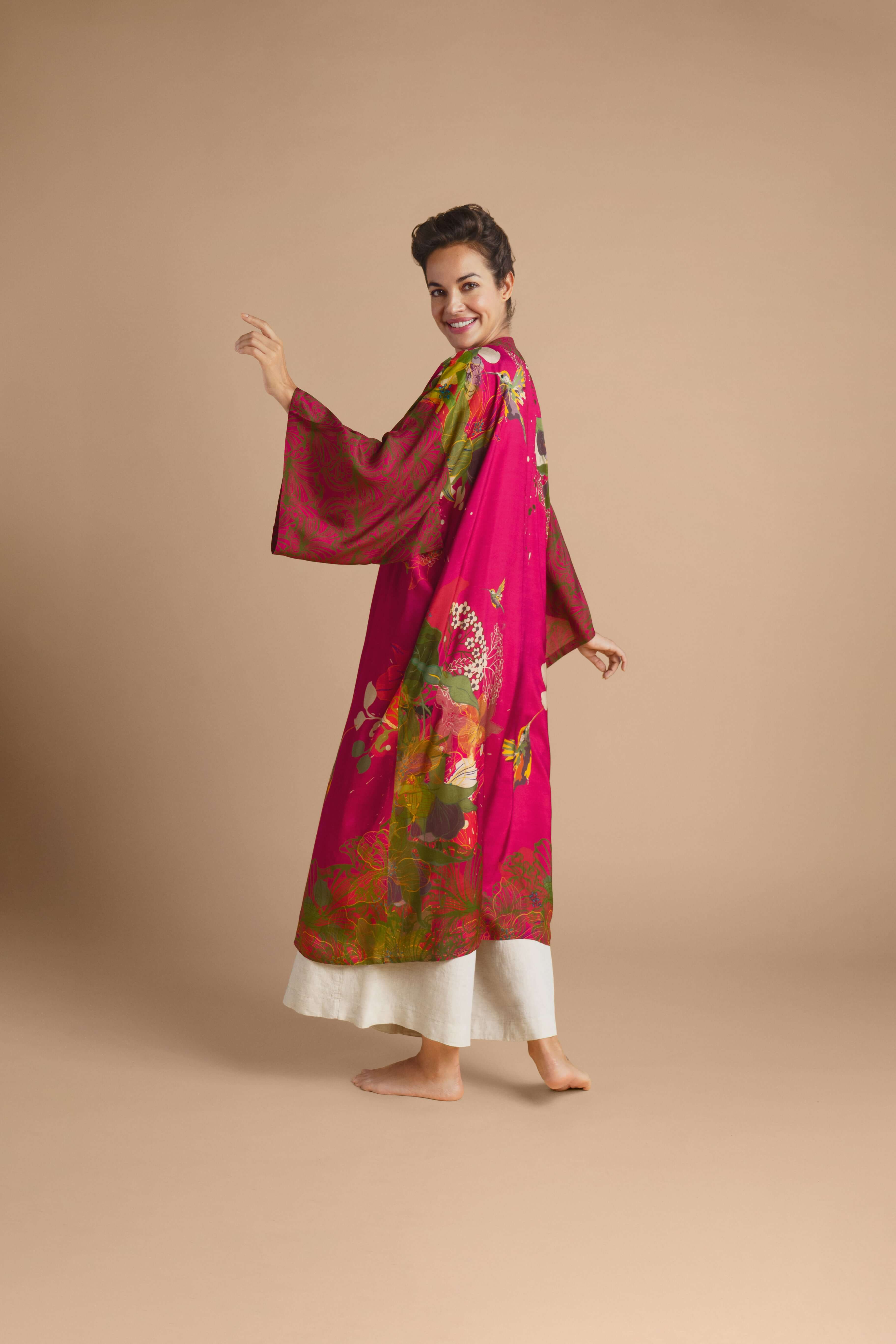 Hummingbird Kimono Gown - Raspberry
