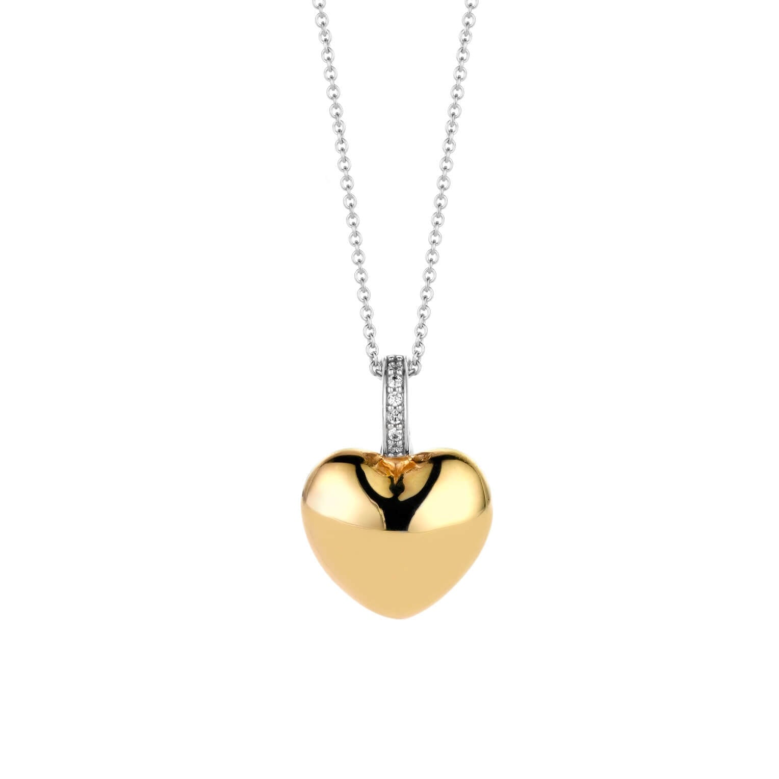 Gold Tone Heart With CZ Silver Clip Eye Pendant Necklace