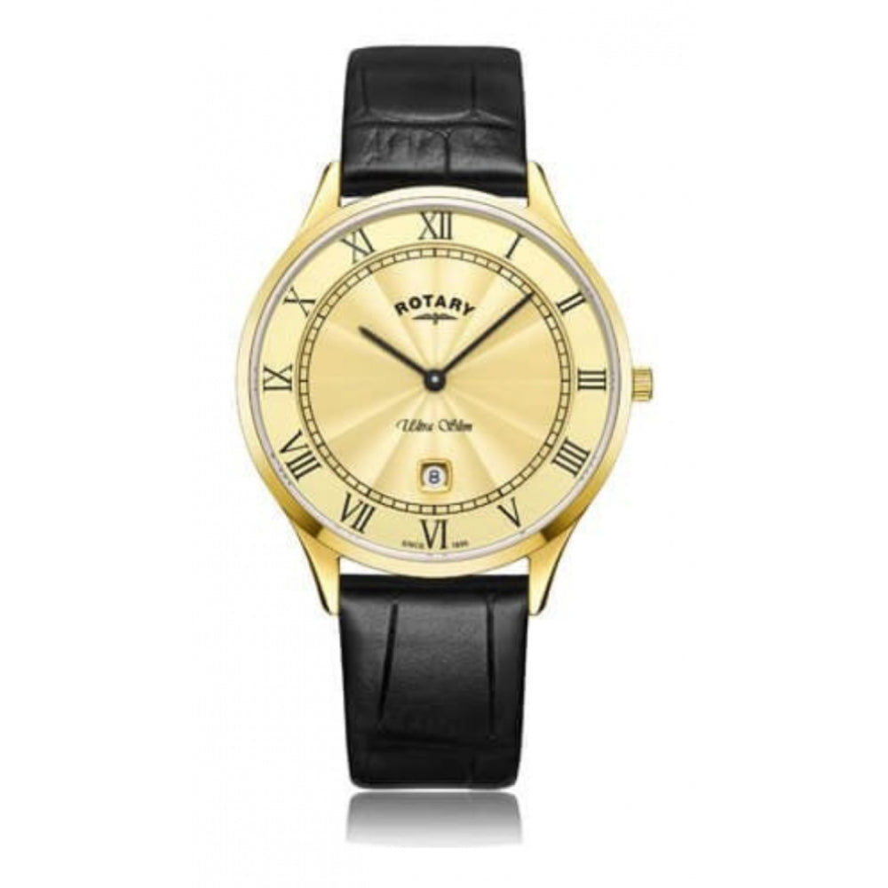 Ultra Slim Gold Tone Stainless Steel Champagne Dial With Black Leather Strap Gents Watch