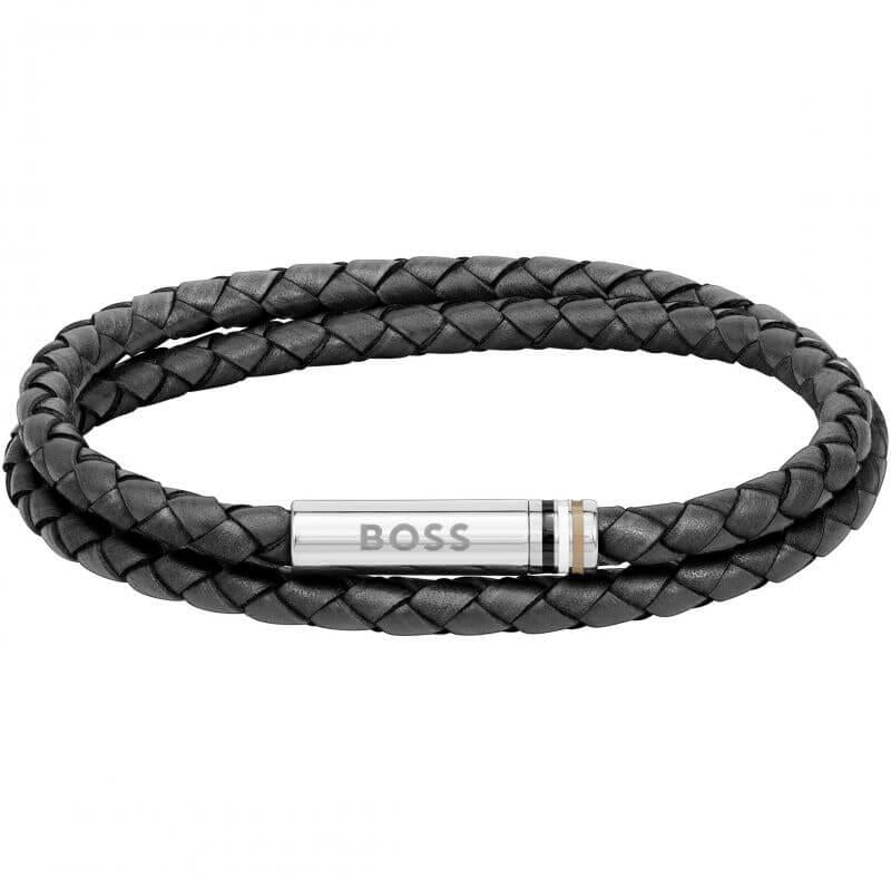 Ares Black Double Wrap Leather Mens Bracelet