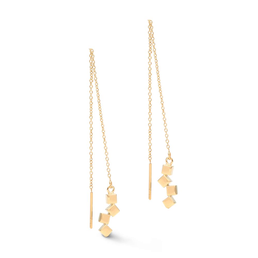 Gold Plated Dancing Small Geo Cubes & Chain Pierced Earrings