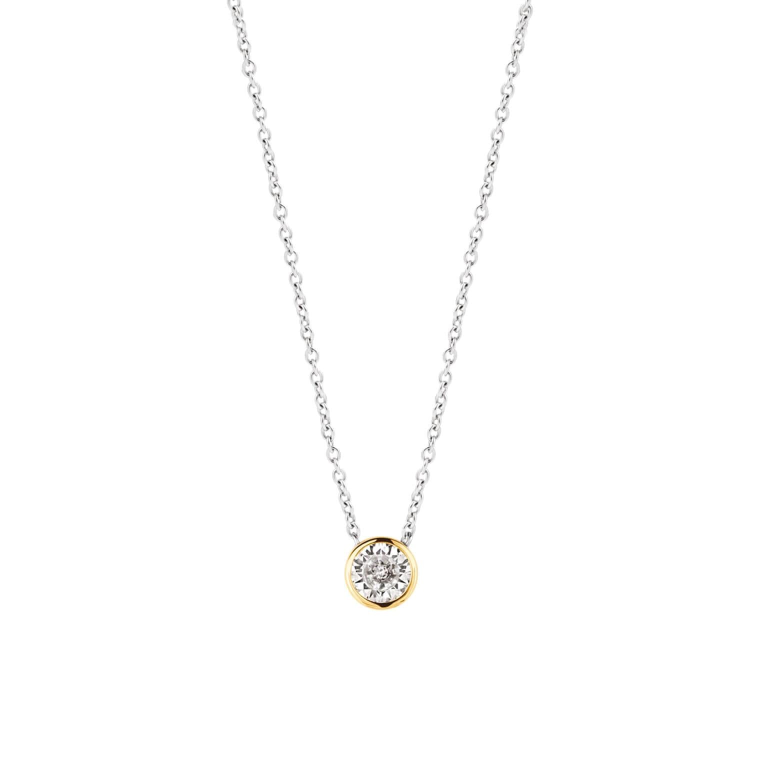 Gold Plated Round CZ Pendant With Silver Chain Necklace