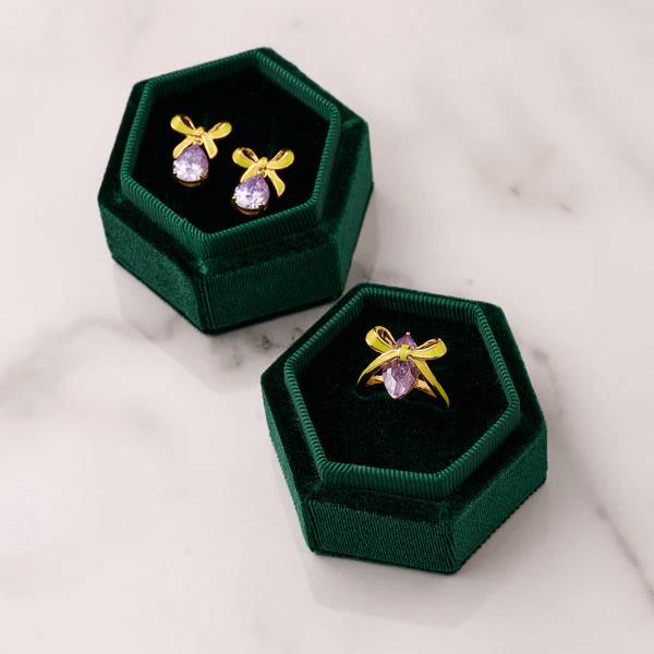 Amelia Bow Ring In Lime Enamel, Lilac CZ & Gold - M