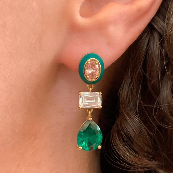 Frida Statement Enamel Drop Earrings In Rose Pink, Emerald CZ & Gold